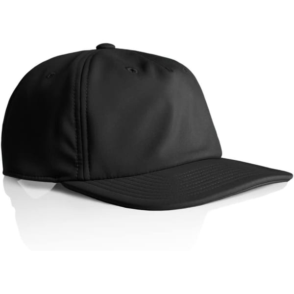 A black cap with a structured design and a curved visor, featuring a logo on the front.
