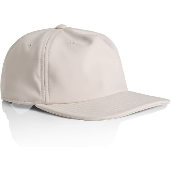 A beige performance cap with a structured design and a curved brim. Features a logo on the front.