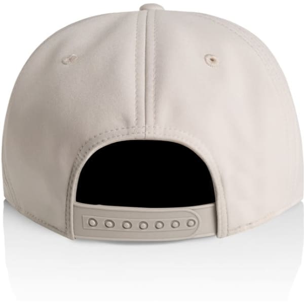 A beige cap with a snapback closure and a logo on the back. The interior is black.