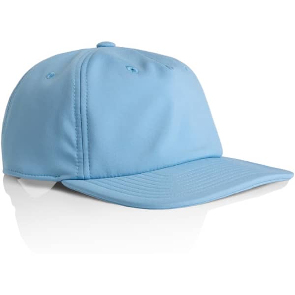 A light blue cap with a curved brim and a structured design, featuring a logo on the front.