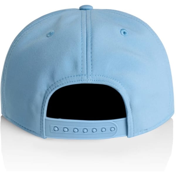 A light blue cap with an adjustable strap at the back and a logo on the side.