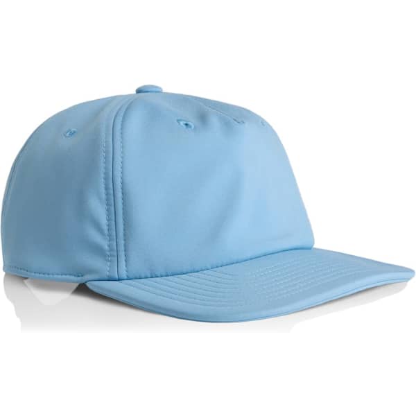 A light blue cap with a structured design, featuring a flat peak and stitched detailing. It includes a branding logo.