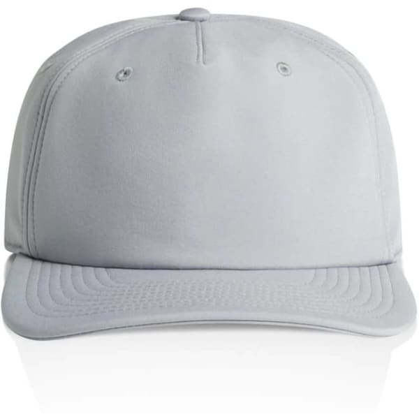 A light grey cap with a flat brim and an embroidered logo on the front.
