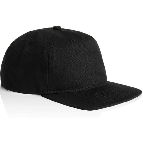 A black cap with a flat brim and an adjustable strap at the back, featuring a logo.