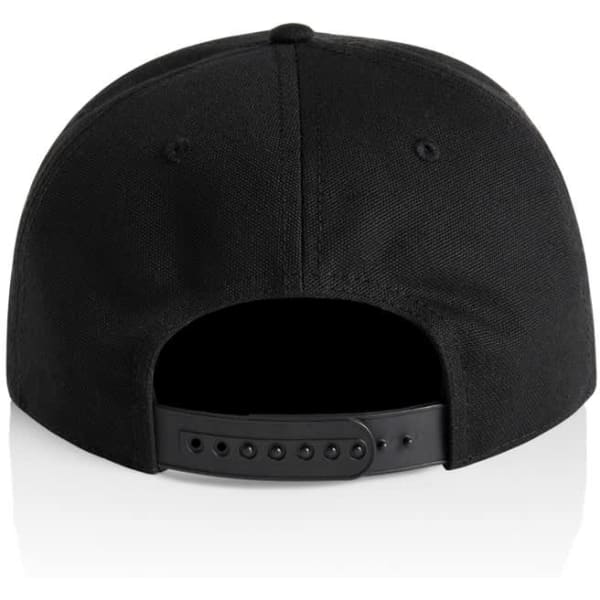 A black cap featuring a snapback closure at the back and a smooth finish. It has a logo on the side.