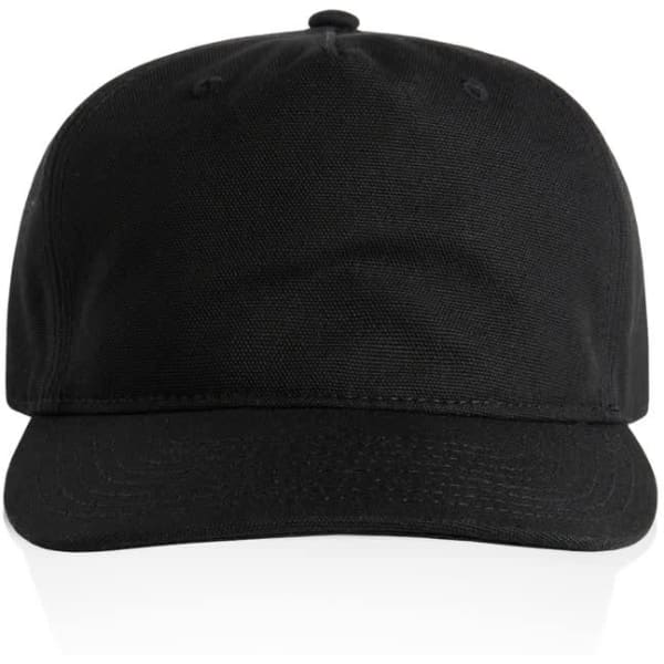 A black cap featuring a structured front, a curved brim, and a logo on the side.