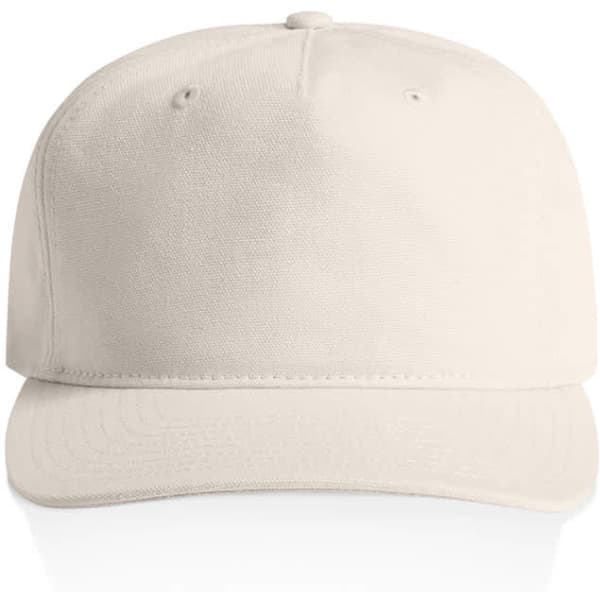 A beige cap with a flat brim and a structured front. It features a brand logo on the side.