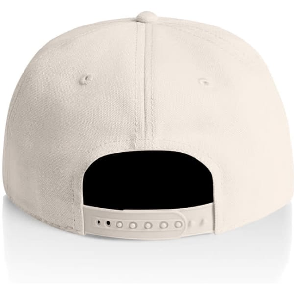 A beige cap with a rear adjustable strap and a logo on the back.