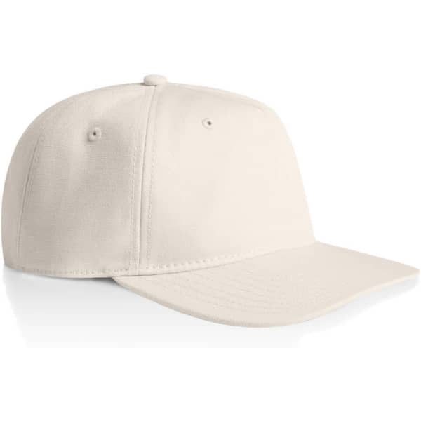 A cream-coloured cap with a structured design and a logo on the front.