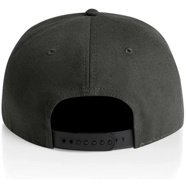A dark green cap featuring a black adjustable strap and a plain back. Includes a logo.