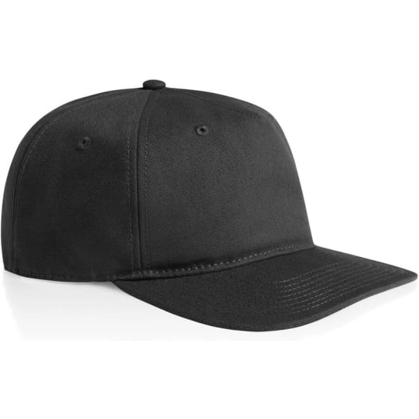 A black cap with a structured front and curved peak, featuring ventilation holes and a logo.