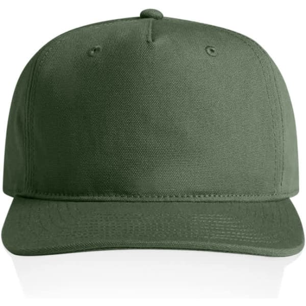 A green cap with a flat brim and a logo on the front, featuring a simple and clean design.