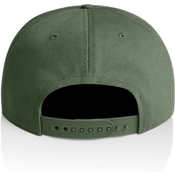 A green cap featuring a smooth finish and an adjustable strap at the back. Includes a logo.