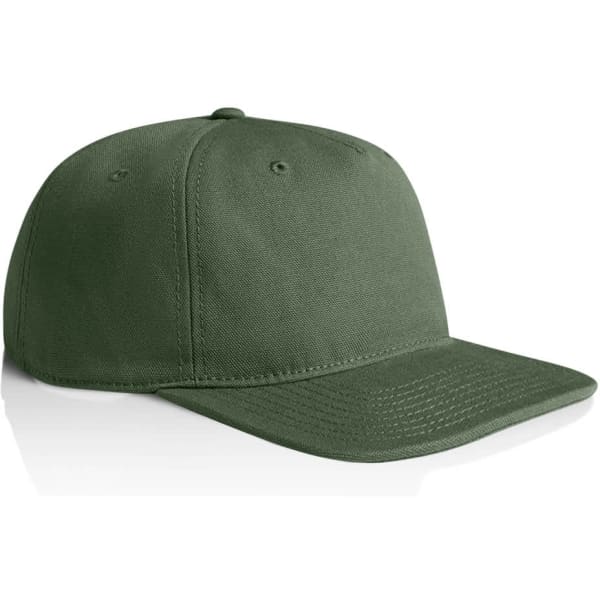 A green cap with a flat brim and a rounded crown, featuring a logo on the side.