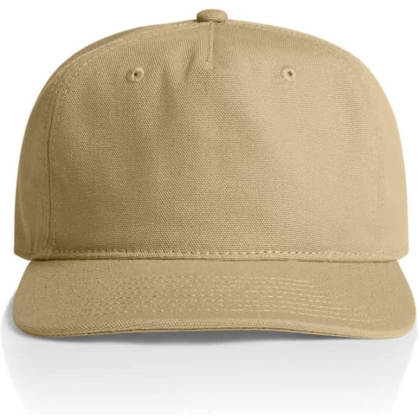 A beige cap with a flat brim and vents, featuring a logo on the front.
