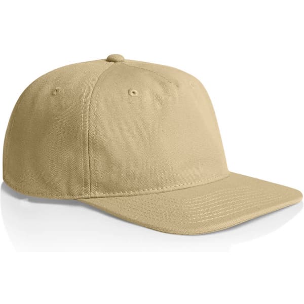 A beige cap featuring a structured design and a stiff peak, with ventilation holes and a logo present.