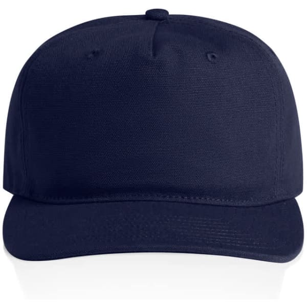 A navy blue cap with a flat peak and a structured crown, featuring a branding logo.