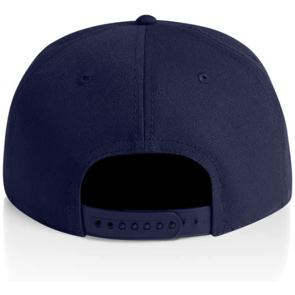 A navy cap featuring a snapback closure and a simple design. The back view highlights its solid colour and stitching.