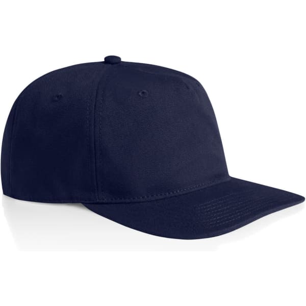 A navy cap with a structured design and a curved brim, featuring a logo on the front.