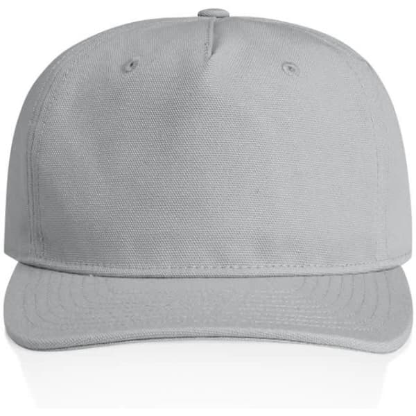 A grey cap featuring a flat brim and an adjustable strap, equipped with a logo on the front.