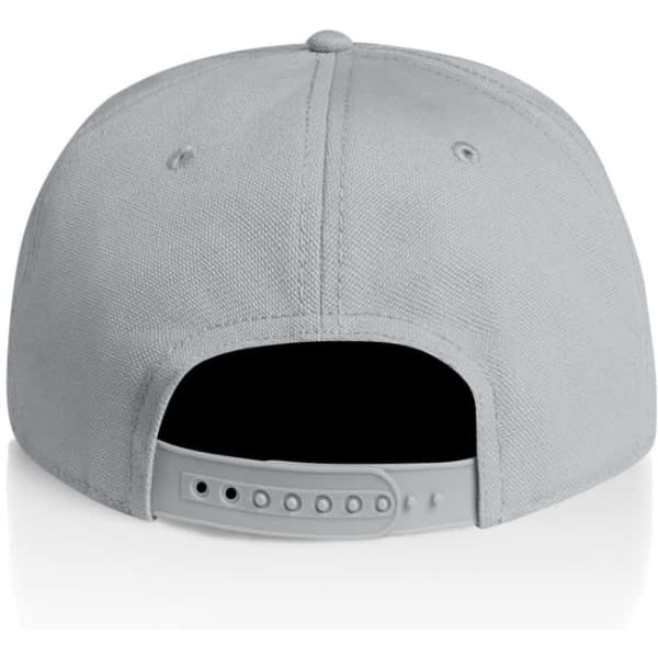 A light grey cap with a snapback closure and a plain design, featuring a logo on the back.