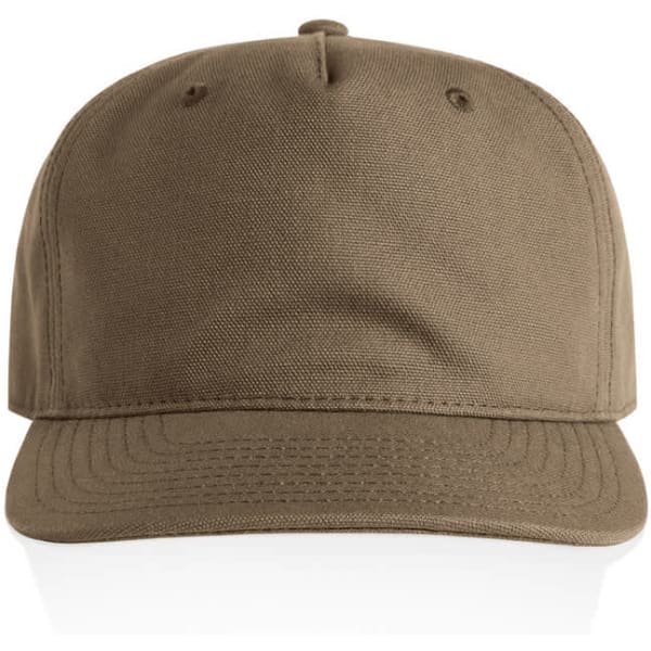 A khaki cap with a flat brim and a stitched design. It features a logo on the front.
