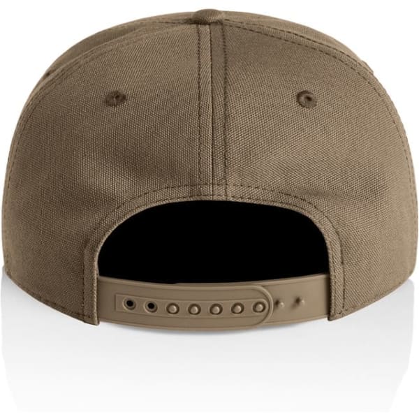 A brown cap with a flat brim and an adjustable strap at the back, featuring a logo.