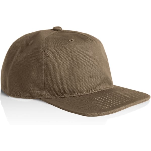 A brown cap with a flat brim and a solid fabric body, featuring a logo on the front.