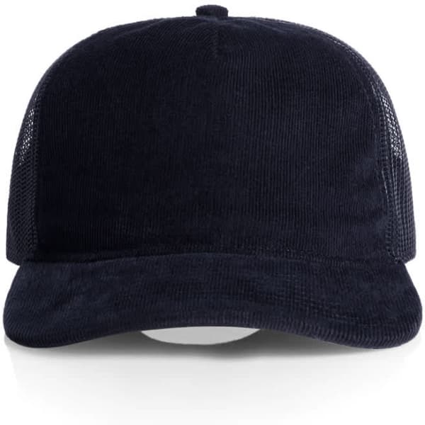 A navy blue trucker cap featuring a solid front and mesh sides, with a logo on the front panel.
