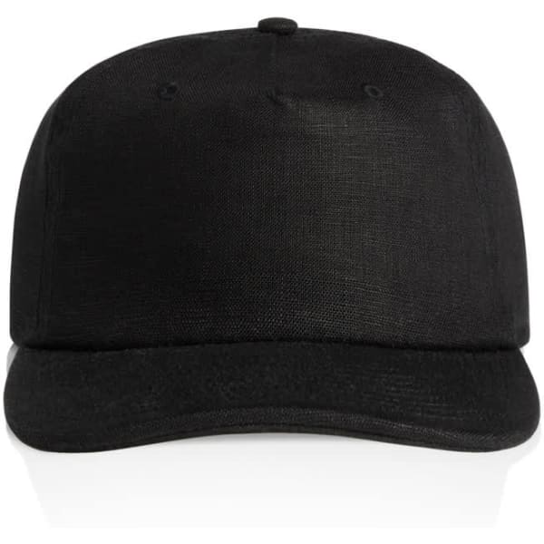 A black cap with a flat brim and a structured crown, featuring a logo on the front.