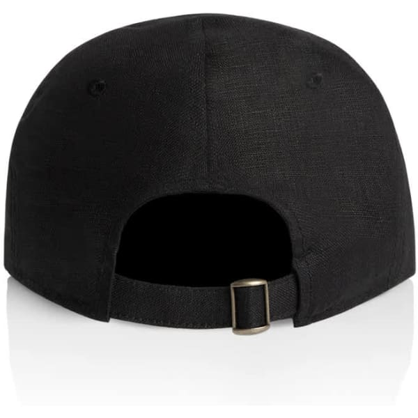 A black cap with a textured fabric and an adjustable strap at the back. It features a logo on the side.