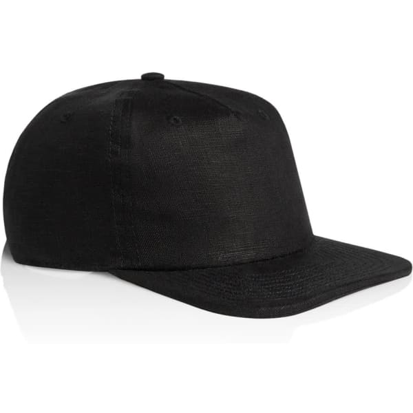 A black cap with a flat brim and a classic design, featuring a logo on the front.