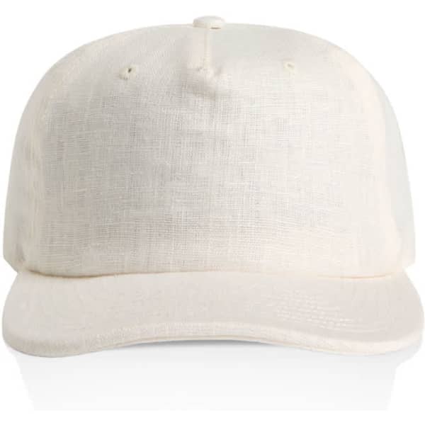 A cap in a light cream colour with a textured fabric and a front panel. It features a logo.