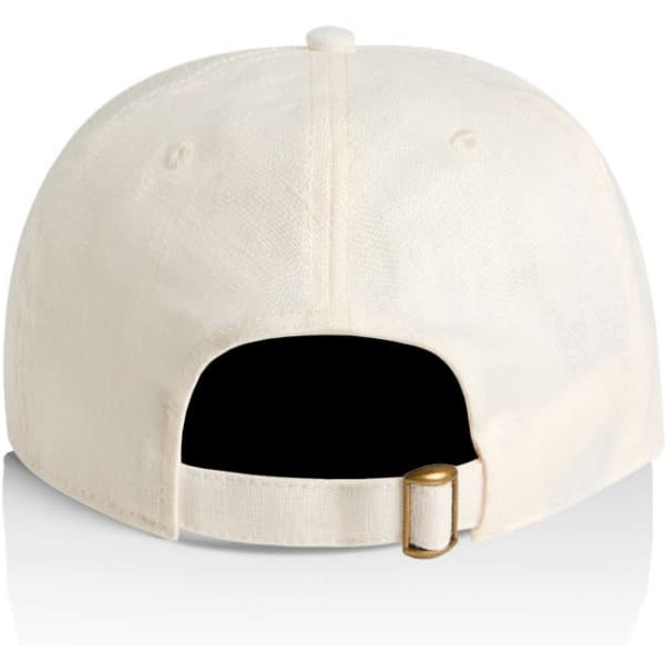 A cream-coloured cap with a back opening and an adjustable strap. It features a logo on the side.