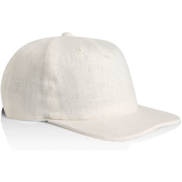 A cream-coloured cap with a structured design and a logo on the front.