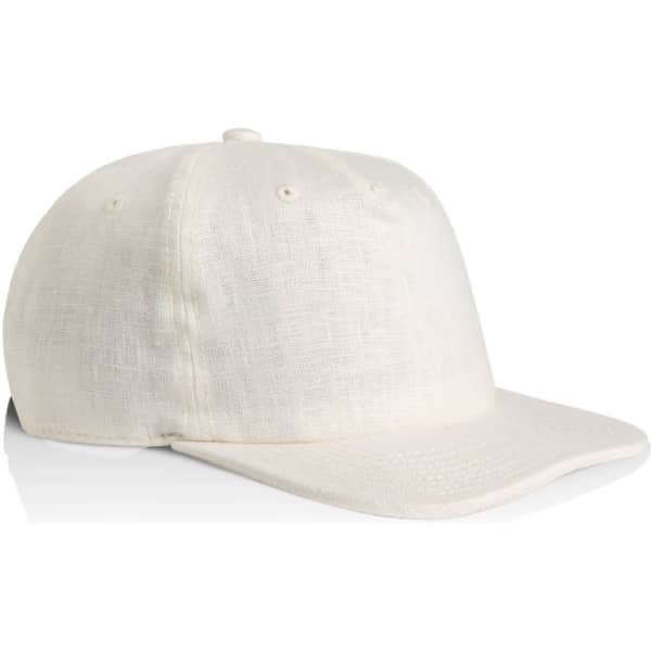A beige linen cap featuring a solid design and a logo on the front. Ideal for casual wear.