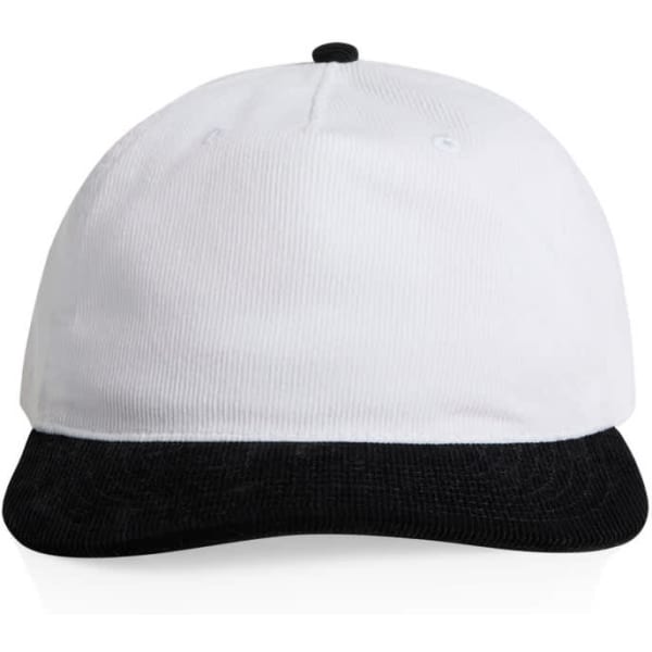 A two-tone cap featuring a white body and a black peak, with a branding logo on the front.