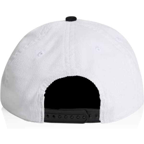A two-tone cap featuring a white body and a black visor, with a logo on the back panel.