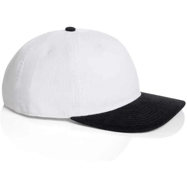 A two-tone cap featuring a white crown and a black visor, with a logo on the front.