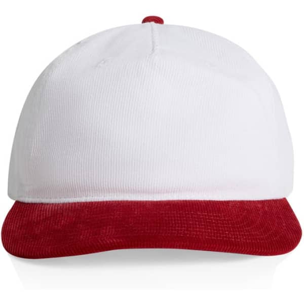A two-tone cap with a white fabric body and a red corduroy brim, featuring a logo on the front.