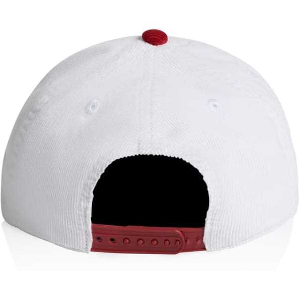 A two-tone cap featuring a white exterior with a contrasting red brim and button, including a logo on the back.