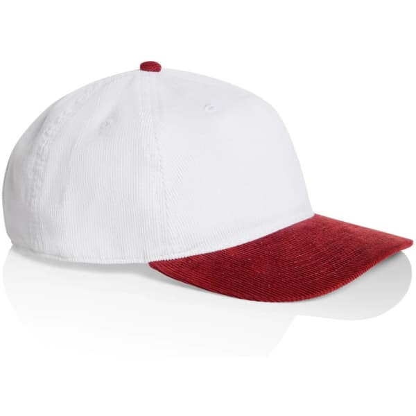 A two-tone cap featuring a white body and a red corduroy peak, complete with a logo.
