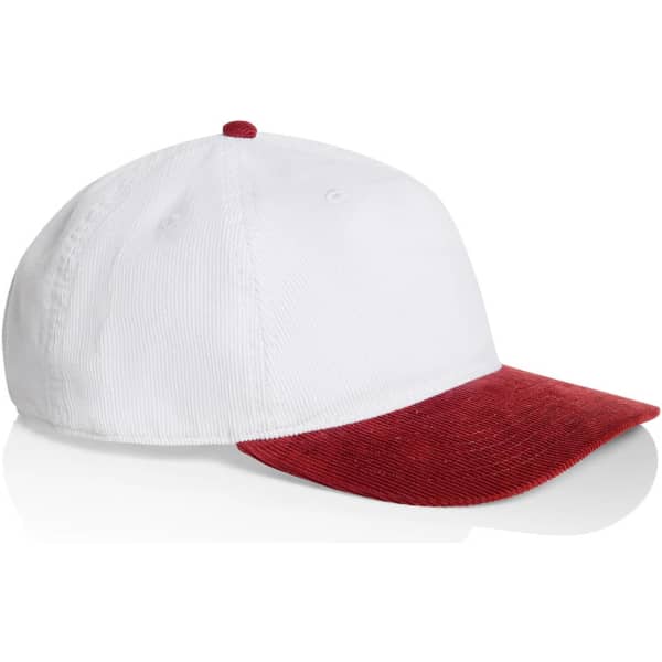 A two-tone cap featuring a white crown and a red brim, with a logo on the side.