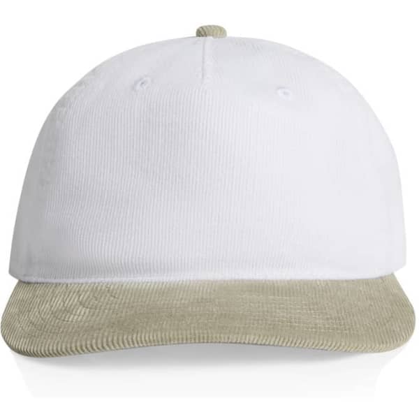 A two-tone cap featuring a white crown and a beige corduroy brim, with a logo on the front.