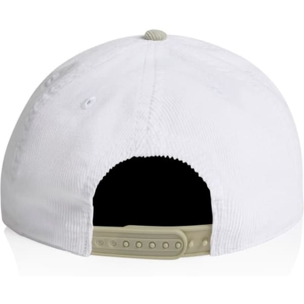 A two-tone cap featuring a white front and a black back, with an adjustable strap. It has a branding logo.
