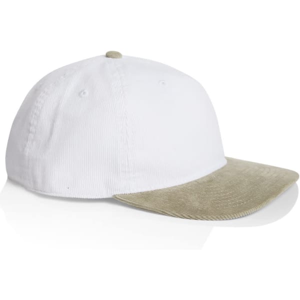A two-tone cap featuring a white fabric crown and a beige corduroy brim, with a logo on the front.