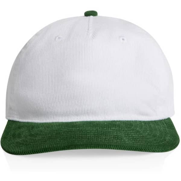 A two-tone cap featuring a white body and a green brim, with a logo on the front.