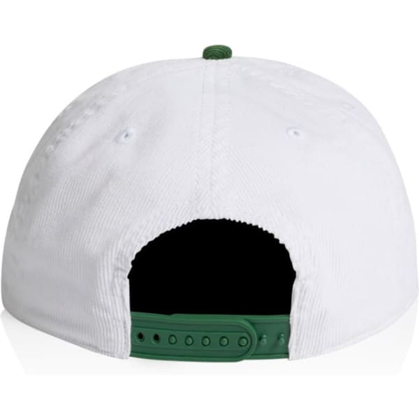 A two-tone cap featuring a white body and a green peak, with an adjustable strap at the back and a logo.