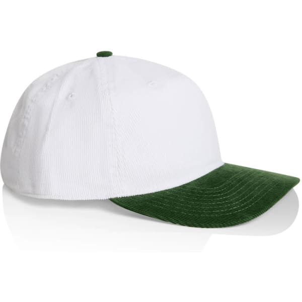 A two-tone cap featuring a white body and a green peak, complete with a logo.