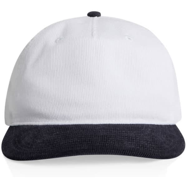 A two-tone cap featuring a white crown and a dark navy peak, with a logo on the front.